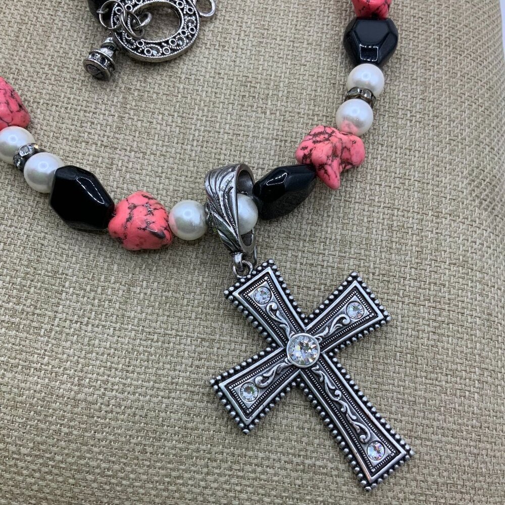 Howlite Pink Glass Beads Black Rhinestone Faux Pearls Silver Tone Cross Necklace
